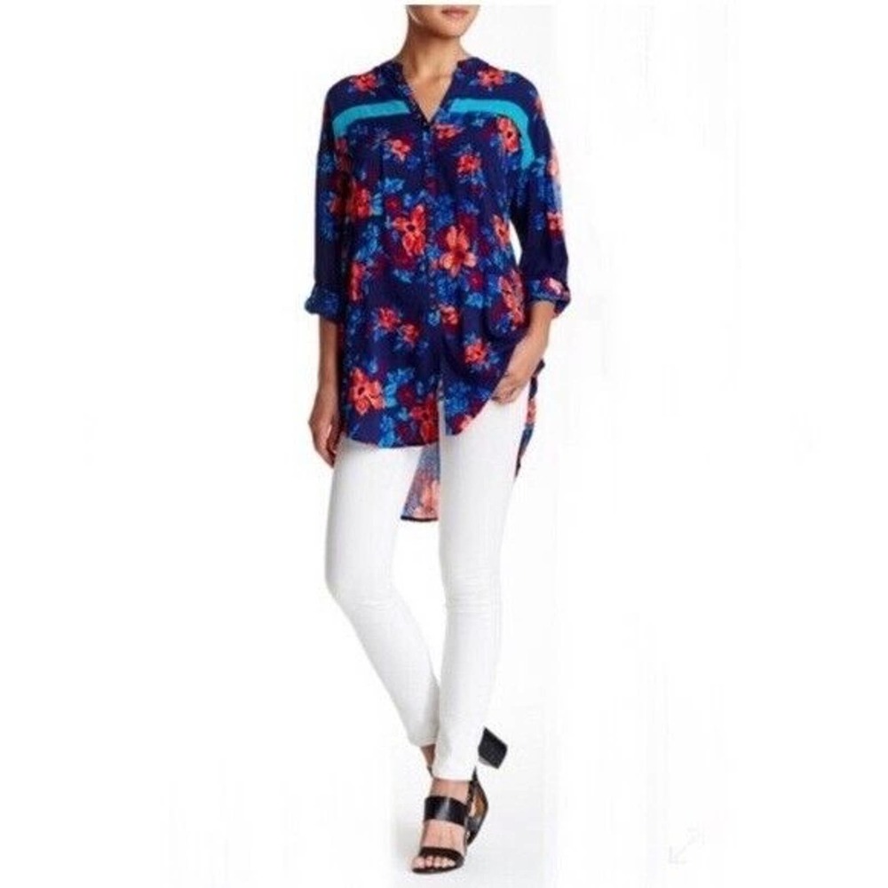 Plenty by Tracy Reese Floral Henley Tunic‎ Blouse Sz M Blue Roll Tab Relaxed Fit
